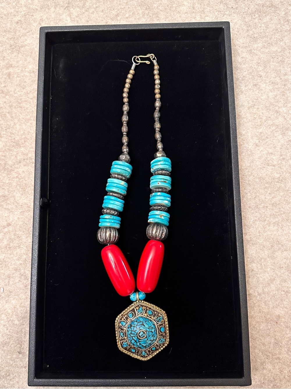 Southwestern Style Turquoise & Red Beaded Large Statement Piece Necklace